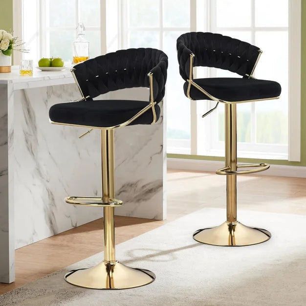 2x Height Black Velvet Padded Golden Round Base Barstools