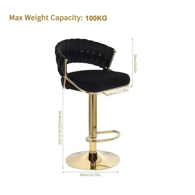 2x Height Black Velvet Padded Golden Round Base Barstools