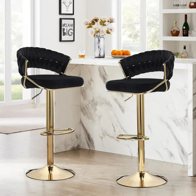 2x Height Black Velvet Padded Golden Round Base Barstools