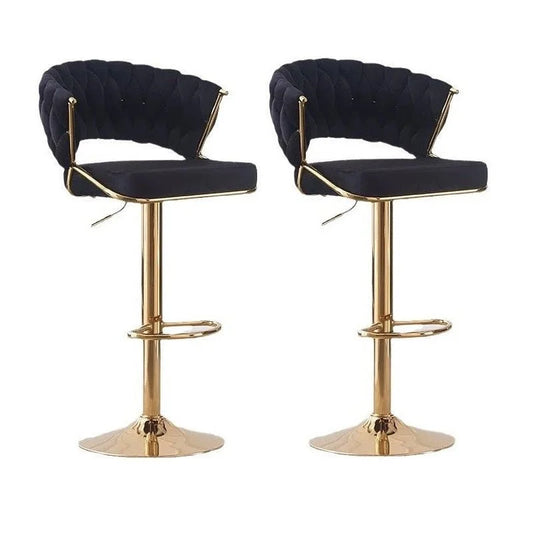 2x Height Black Velvet Padded Golden Round Base Barstools