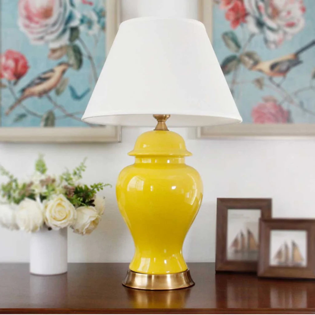 2X Oval Ceramic Table Lamp with Gold Metal Base Desk Lamp Yellow - Premium
