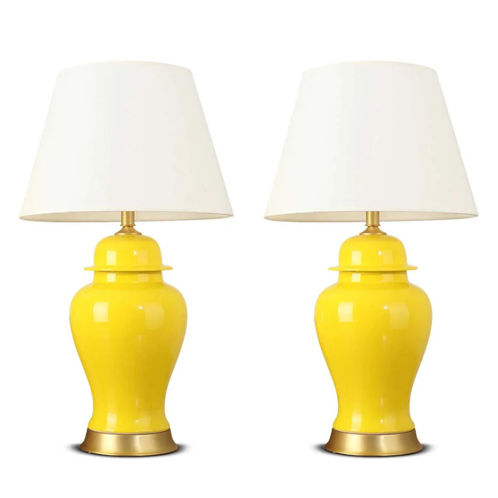 2X Oval Ceramic Table Lamp with Gold Metal Base Desk Lamp Yellow - Premium