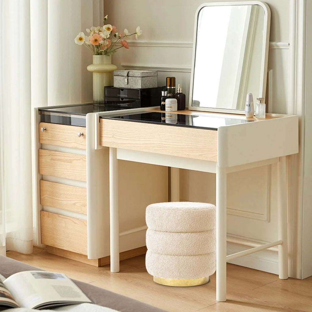 2X Round Stacked Ottoman Stool Teddy Fleece Fabric Foot