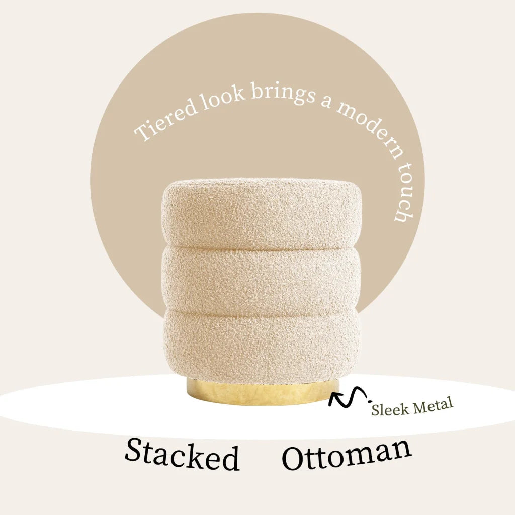 2X Round Stacked Ottoman Stool Teddy Fleece Fabric Foot