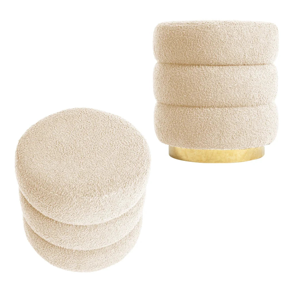 2X Round Stacked Ottoman Stool Teddy Fleece Fabric Foot