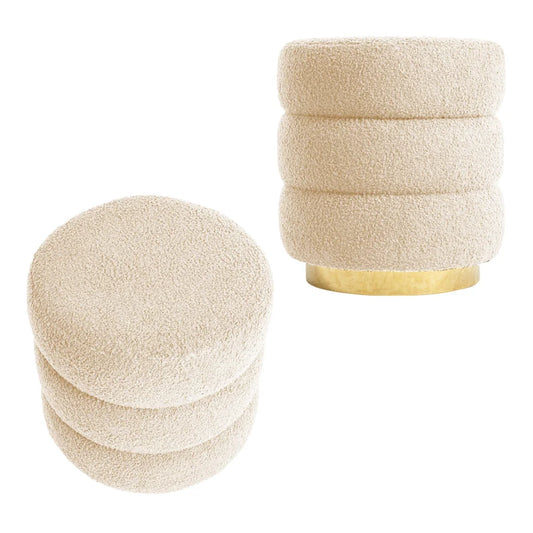 2X Round Stacked Ottoman Stool Teddy Fleece Fabric Foot