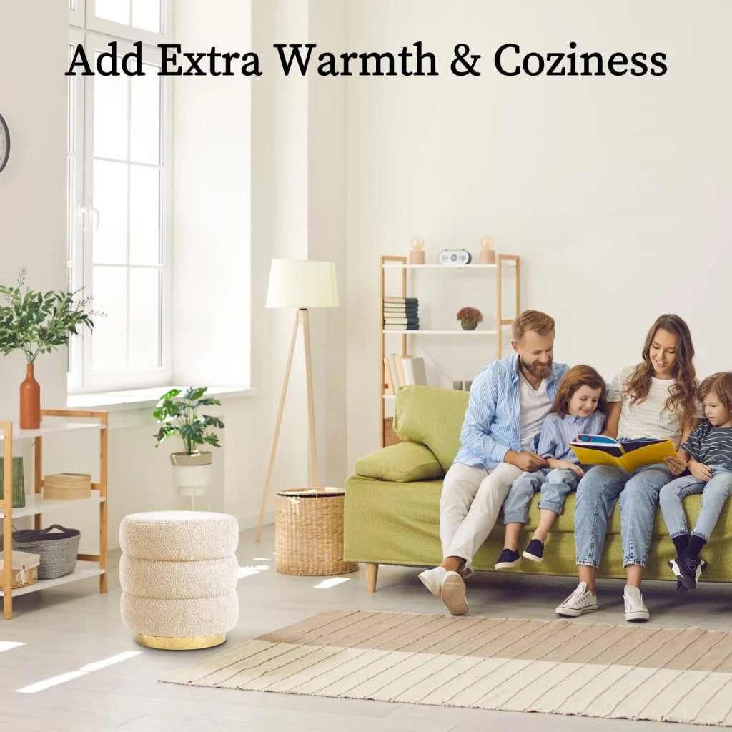 2X Round Stacked Ottoman Stool Teddy Fleece Fabric Foot