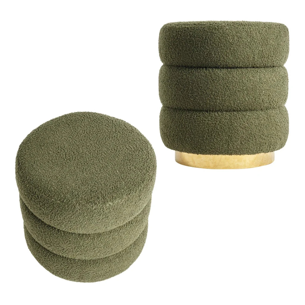 2X Round Stacked Ottoman Stool Teddy Fleece Fabric Foot