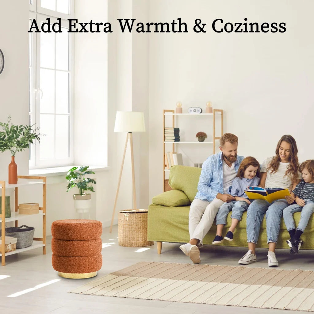 2X Round Stacked Ottoman Stool Teddy Fleece Fabric Foot