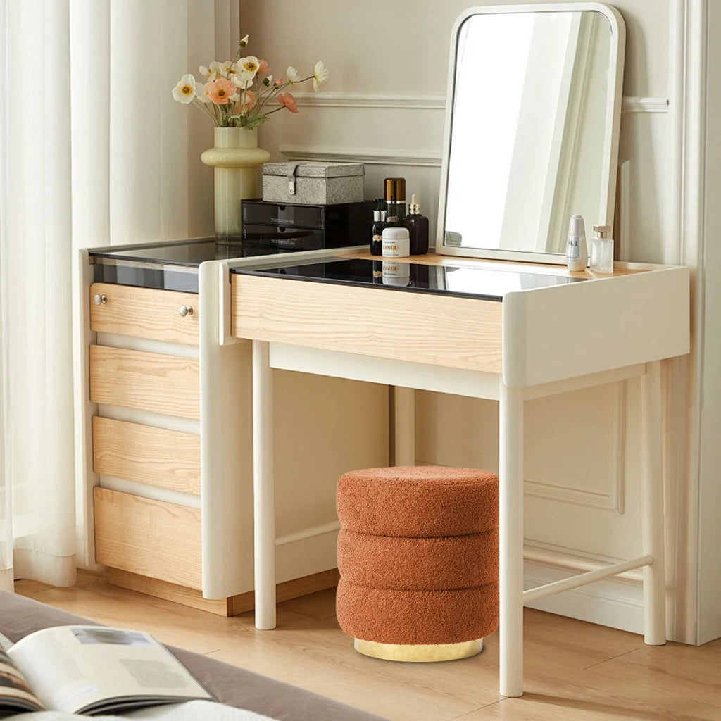 2X Round Stacked Ottoman Stool Teddy Fleece Fabric Foot