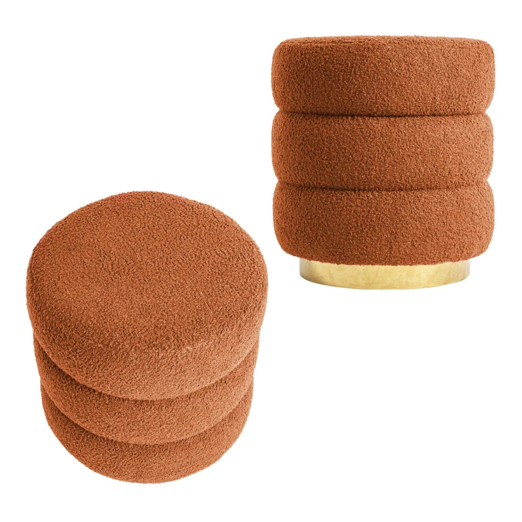 2X Round Stacked Ottoman Stool Teddy Fleece Fabric Foot