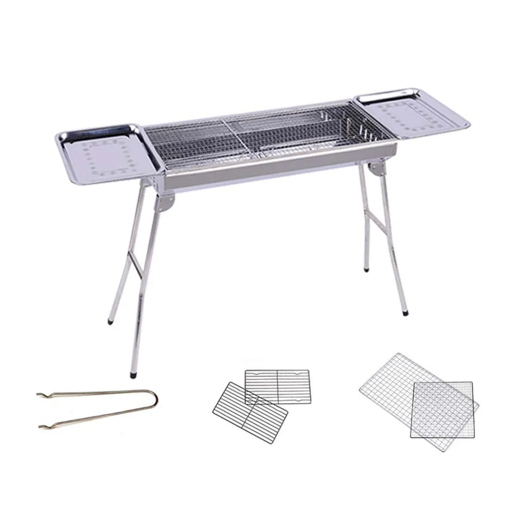 2X Skewers Grill with Side Tray Portable Stainless Steel Charcoal BBQ 6-8 Persons - Premium