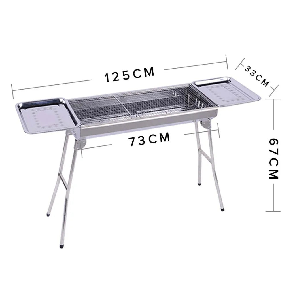 2X Skewers Grill with Side Tray Portable Stainless Steel Charcoal BBQ 6-8 Persons - Premium