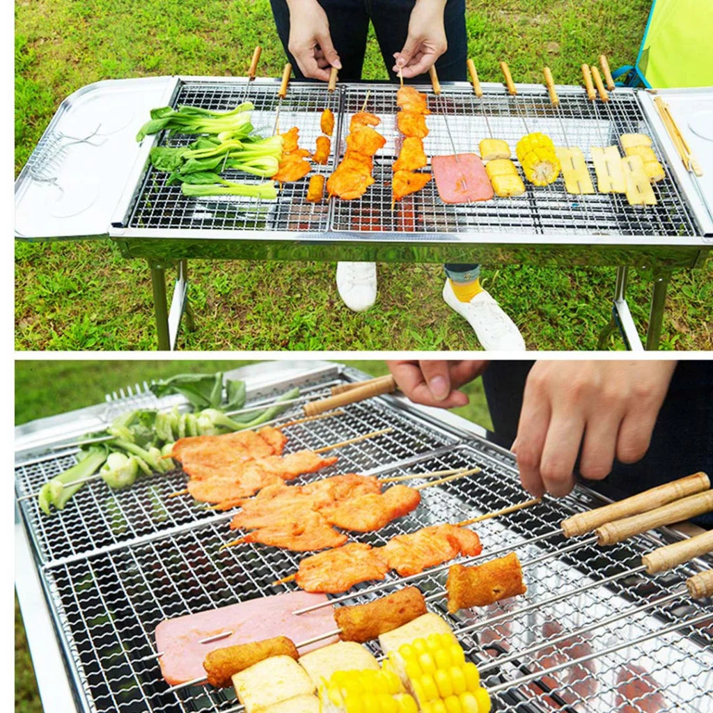 2X Skewers Grill with Side Tray Portable Stainless Steel Charcoal BBQ 6-8 Persons - Premium