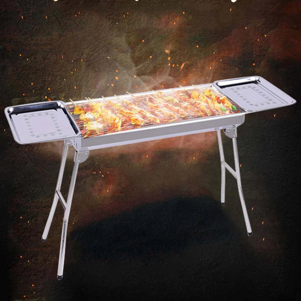 2X Skewers Grill with Side Tray Portable Stainless Steel Charcoal BBQ 6-8 Persons - Premium