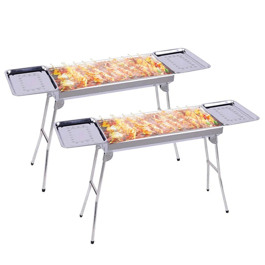 2X Skewers Grill with Side Tray Portable Stainless Steel Charcoal BBQ 6-8 Persons - Premium