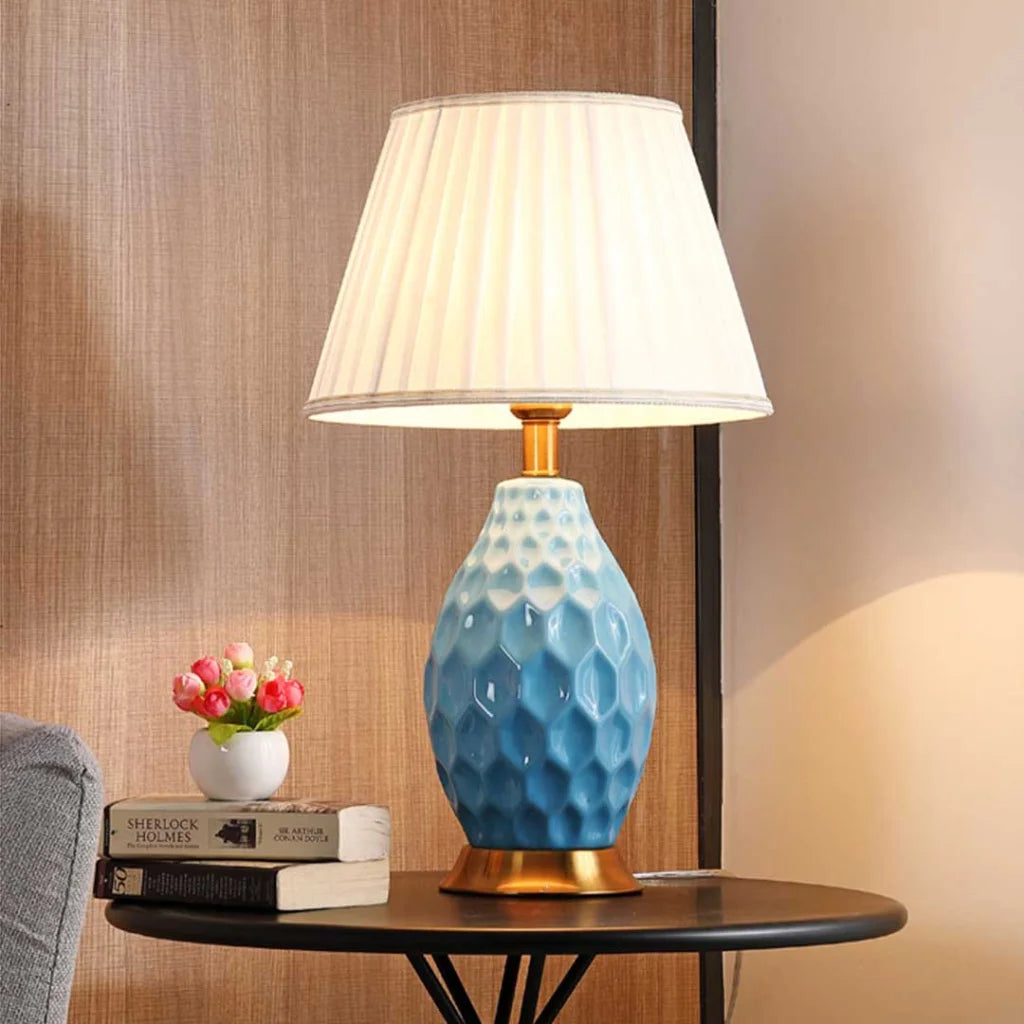 2X Textured Ceramic Oval Table Lamp with Gold Metal Base Blue - Premium