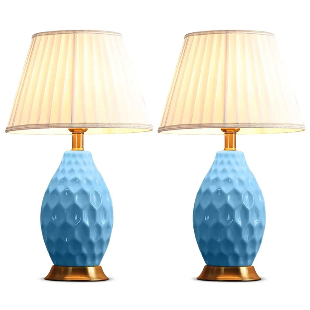 2X Textured Ceramic Oval Table Lamp with Gold Metal Base Blue - Premium