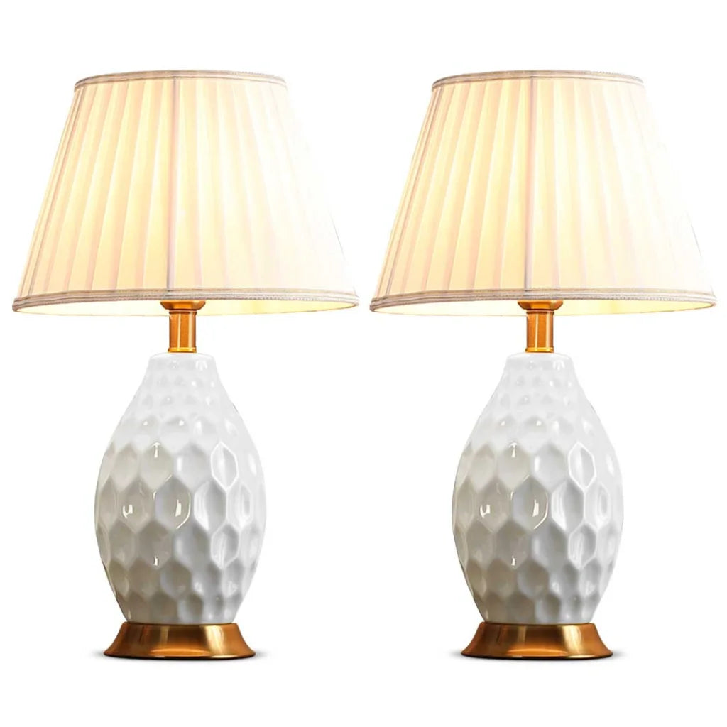 2X Textured Ceramic Oval Table Lamp with Gold Metal Base White - Premium