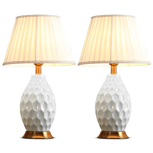 2X Textured Ceramic Oval Table Lamp with Gold Metal Base White - Premium