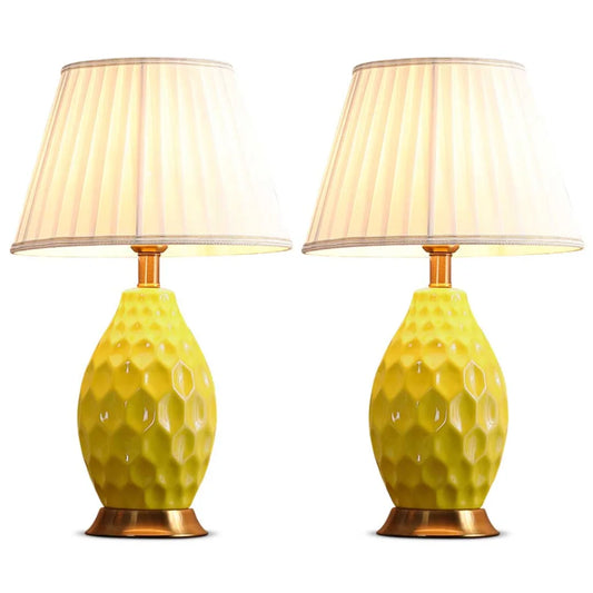 2X Textured Ceramic Oval Table Lamp with Gold Metal Base Yellow - Premium