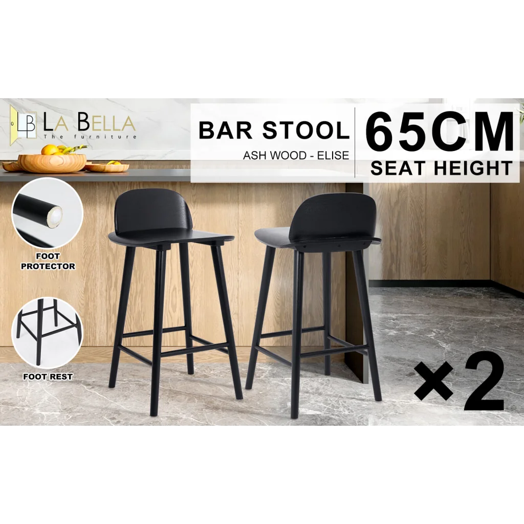 2X Wooden Bar Stool Dining Chair Ash Wood ELISE 65cm BLACK