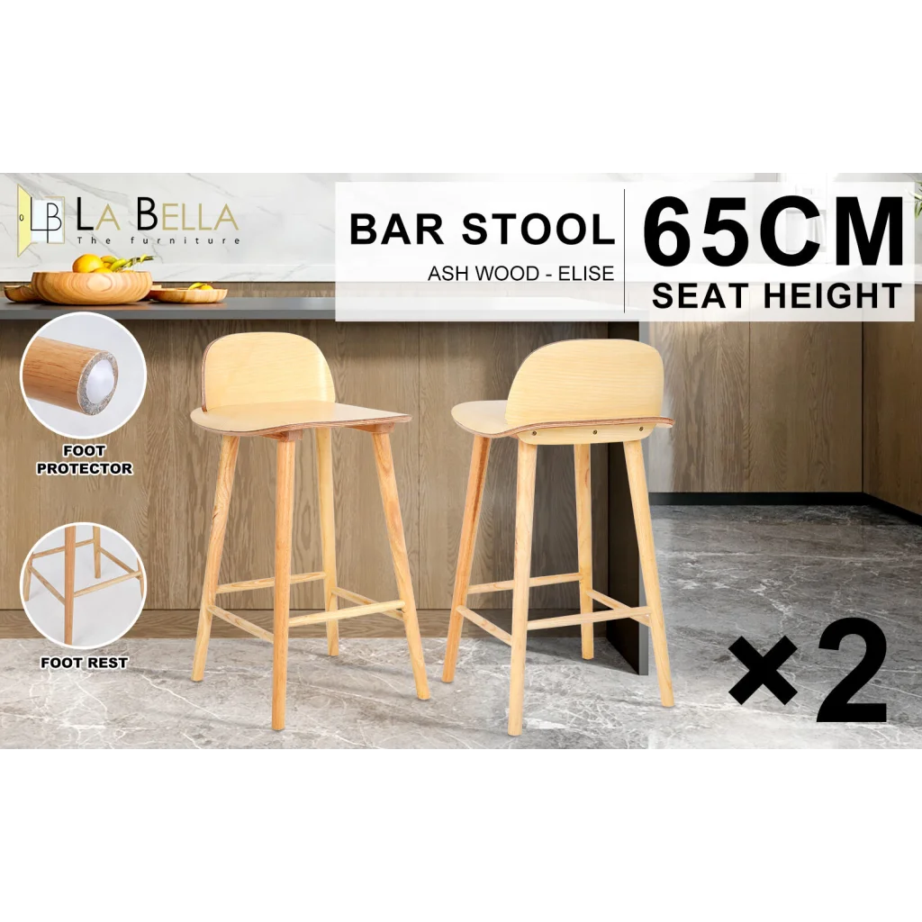 2X Wooden Bar Stool Dining Chair Ash Wood ELISE 65cm