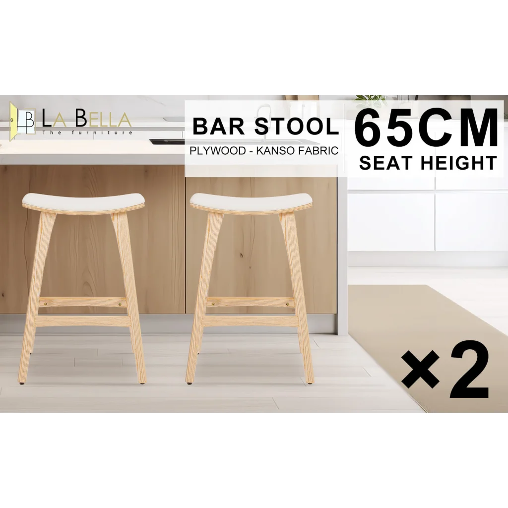 2X Wooden Bar Stool Padded Fabric Dining Chair KANSO 65cm
