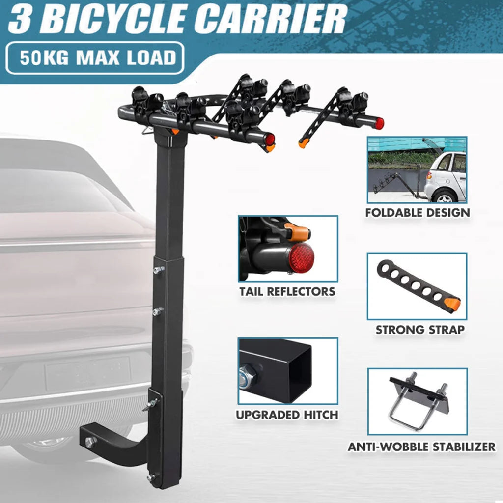3 Bike Rack Bicycle Car Rear Carrier 2’’ Steel Foldable