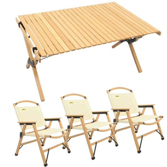 3 Chairs & 1 Table Set Bamboo Camping Folding Portable
