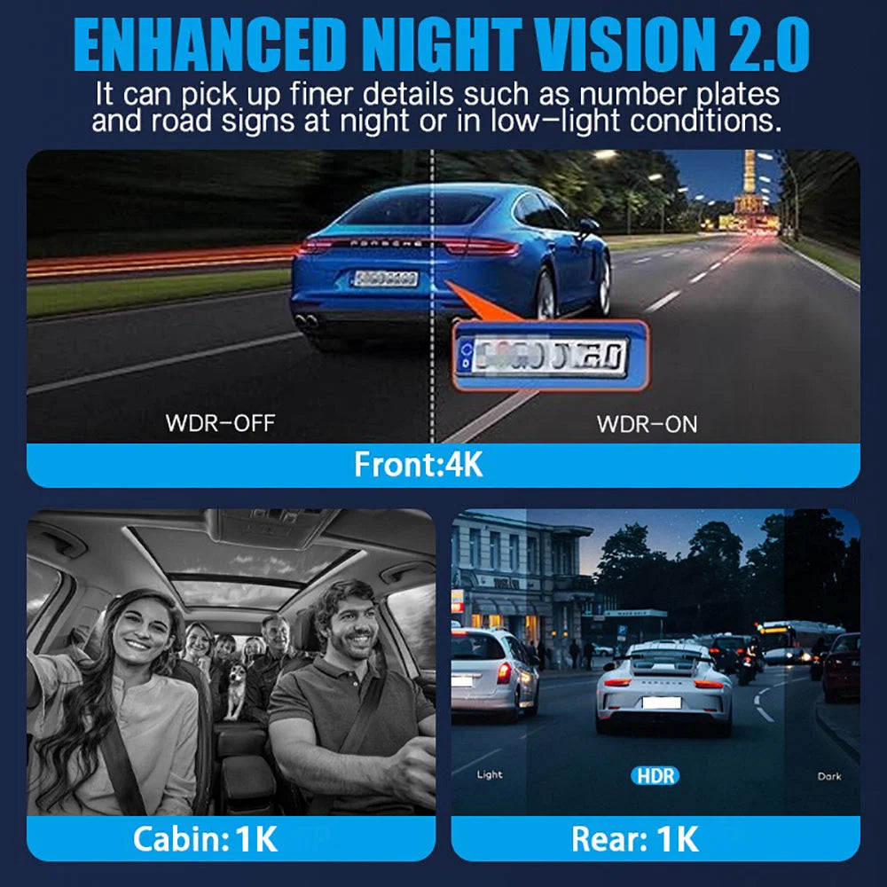 3 Channel 4K + 1K + 1K Dash Cam WiFi Car DVR Interior Cabin