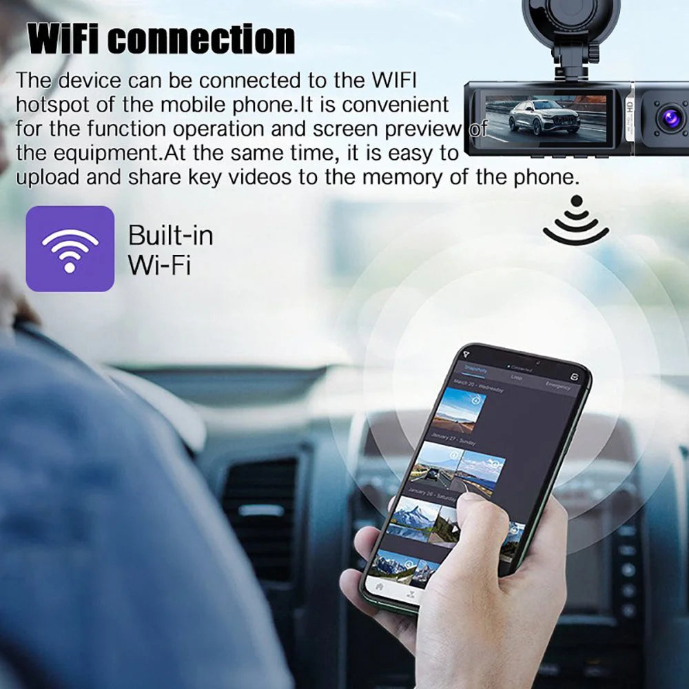3 Channel 4K + 1K + 1K Dash Cam WiFi Car DVR Interior Cabin