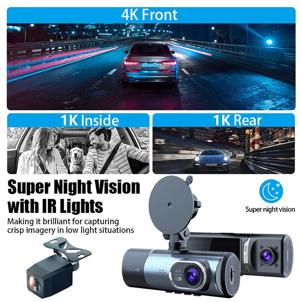 3 Channel 4K + 1K + 1K Dash Cam WiFi Car DVR Interior Cabin