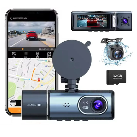 3 Channel 4K + 1K + 1K Dash Cam WiFi Car DVR Interior Cabin