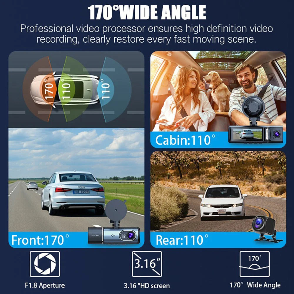 3 Channel 4K + 1K + 1K Dash Cam WiFi Car DVR Interior Cabin