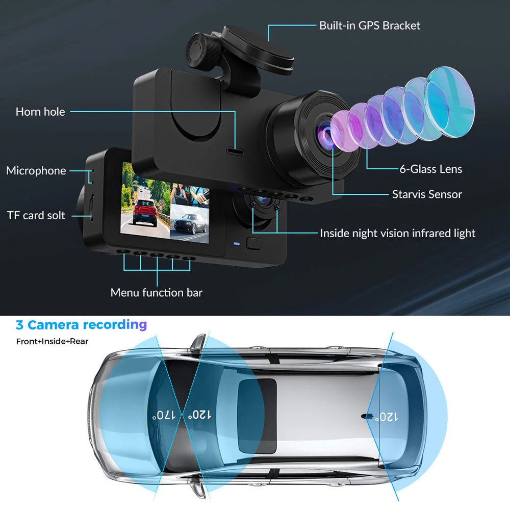 3 Channel Car DVR HD 1080P Vehicle Dash Cam Three Way