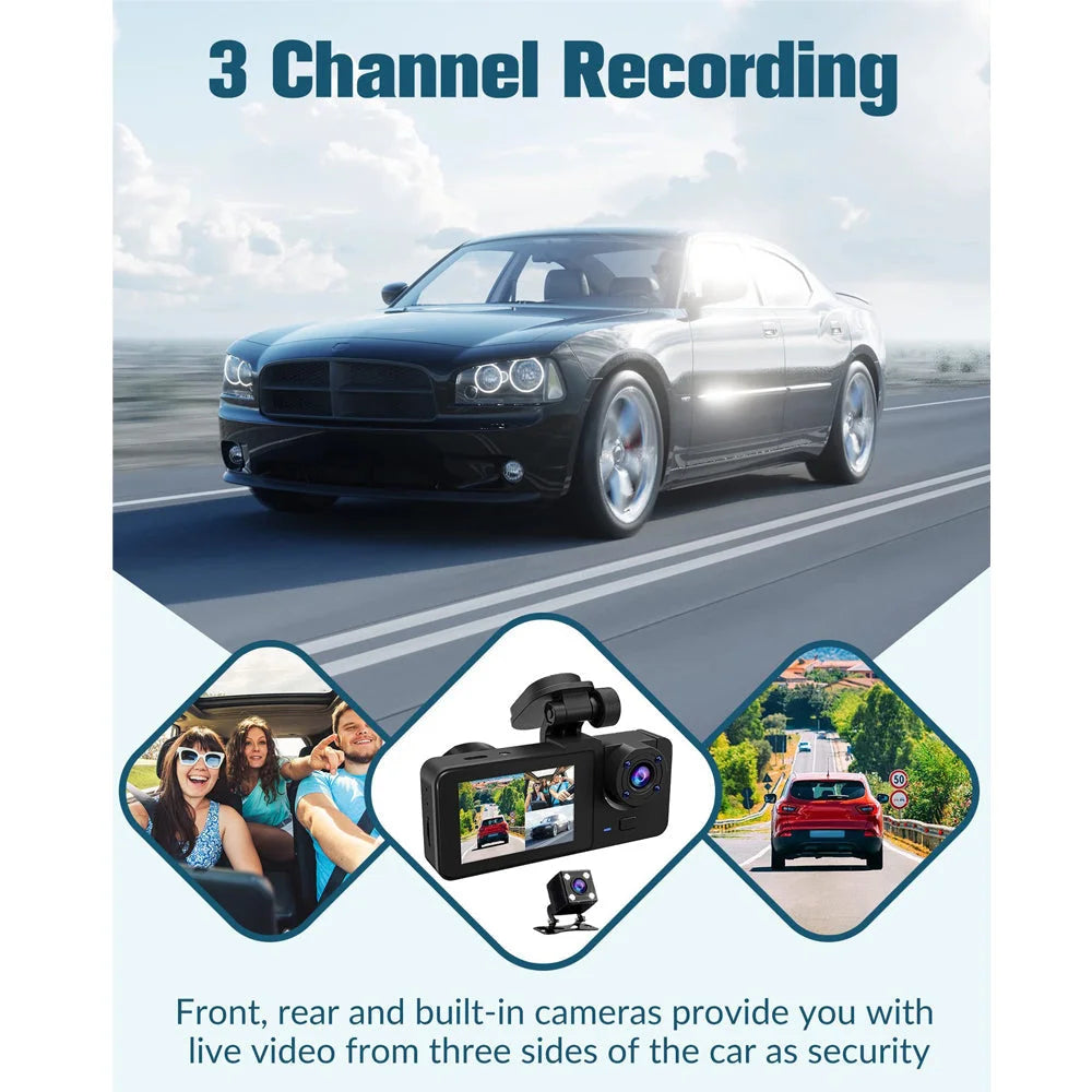 3 Channel Car DVR HD 1080P Vehicle Dash Cam Three Way