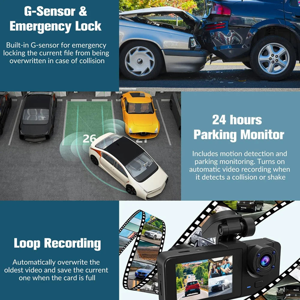 3 Channel Car DVR HD 1080P Vehicle Dash Cam Three Way