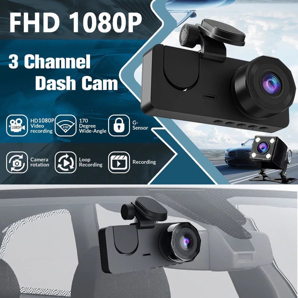 3 Channel Car DVR HD 1080P Vehicle Dash Cam Three Way