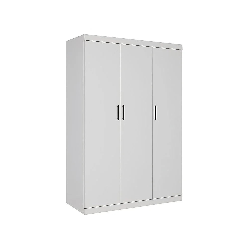 3 Door White Gloss Wardrobe – Black Handles Hanging Rail &