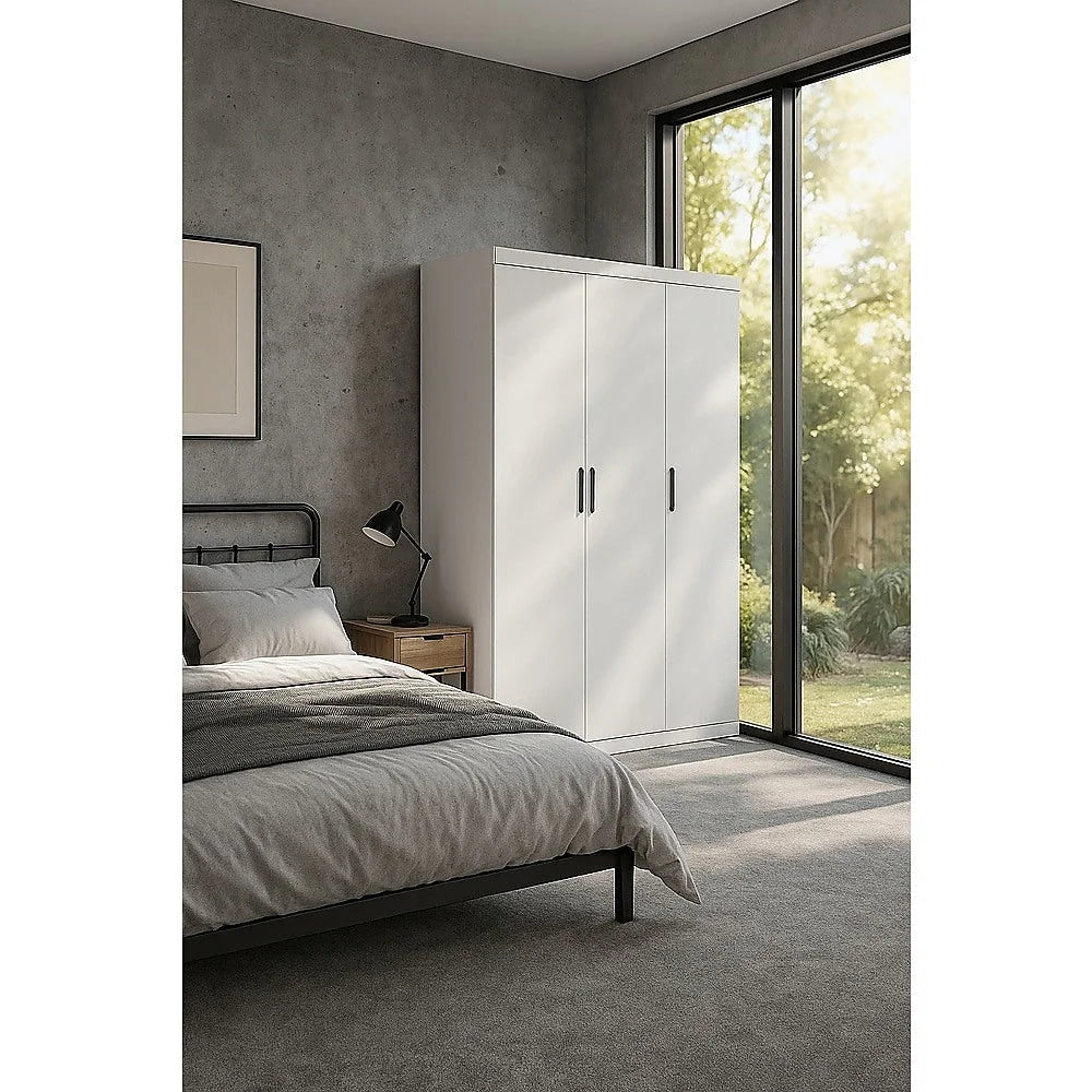 3 Door White Gloss Wardrobe – Black Handles Hanging Rail &
