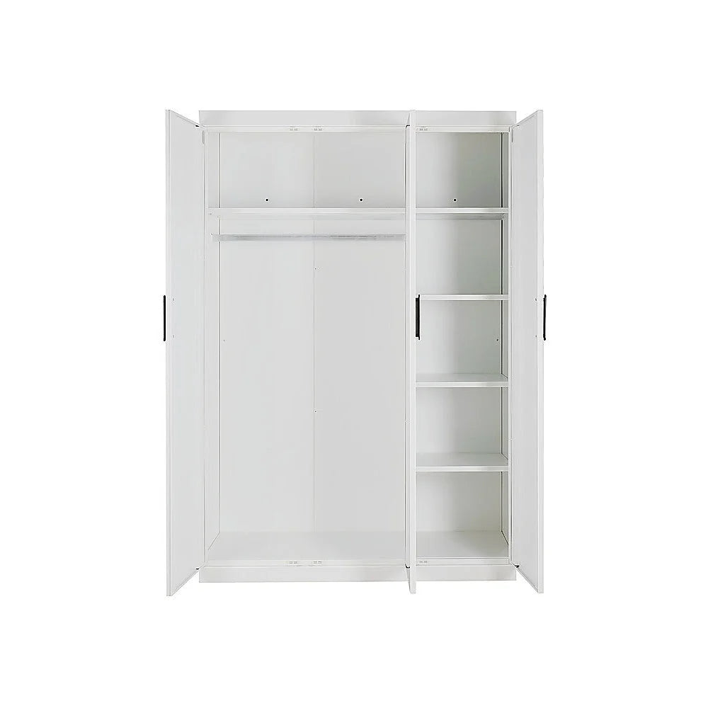 3 Door White Gloss Wardrobe – Black Handles Hanging Rail &