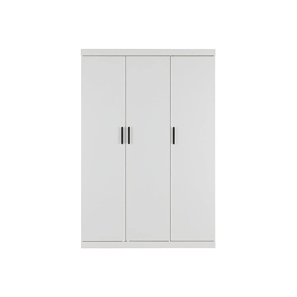 3 Door White Gloss Wardrobe – Black Handles Hanging Rail &