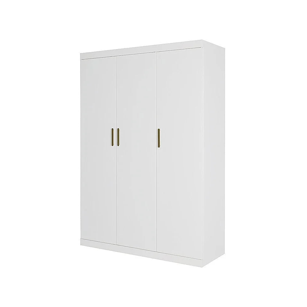 3 Door White Gloss Wardrobe – Gold Handles Hanging Rail &
