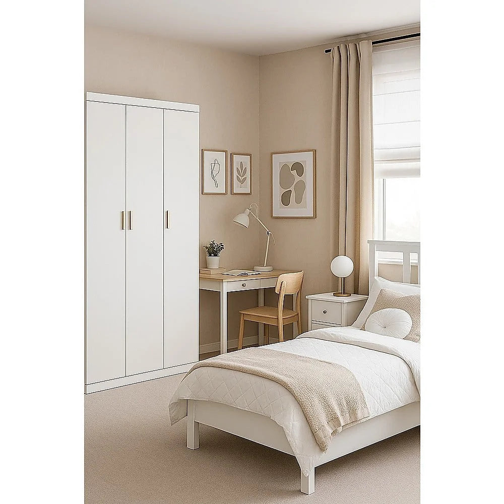 3 Door White Gloss Wardrobe – Gold Handles Hanging Rail &