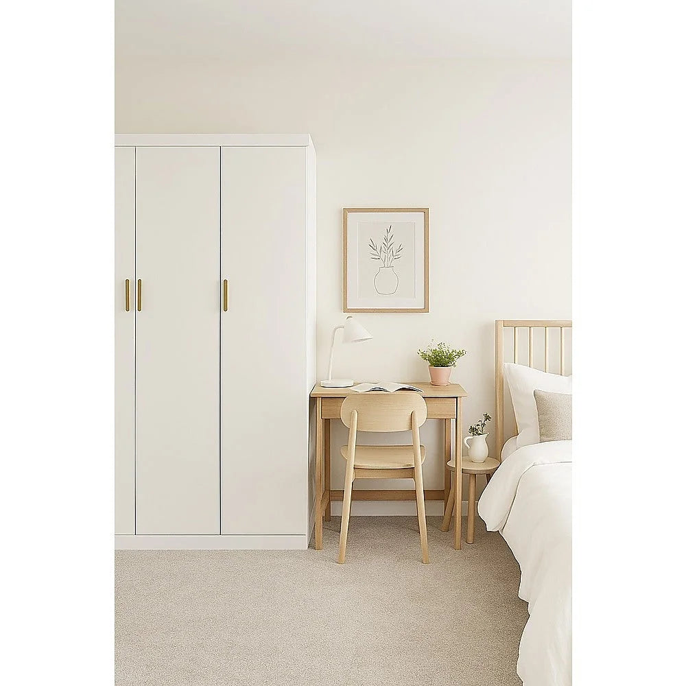 3 Door White Gloss Wardrobe – Gold Handles Hanging Rail &