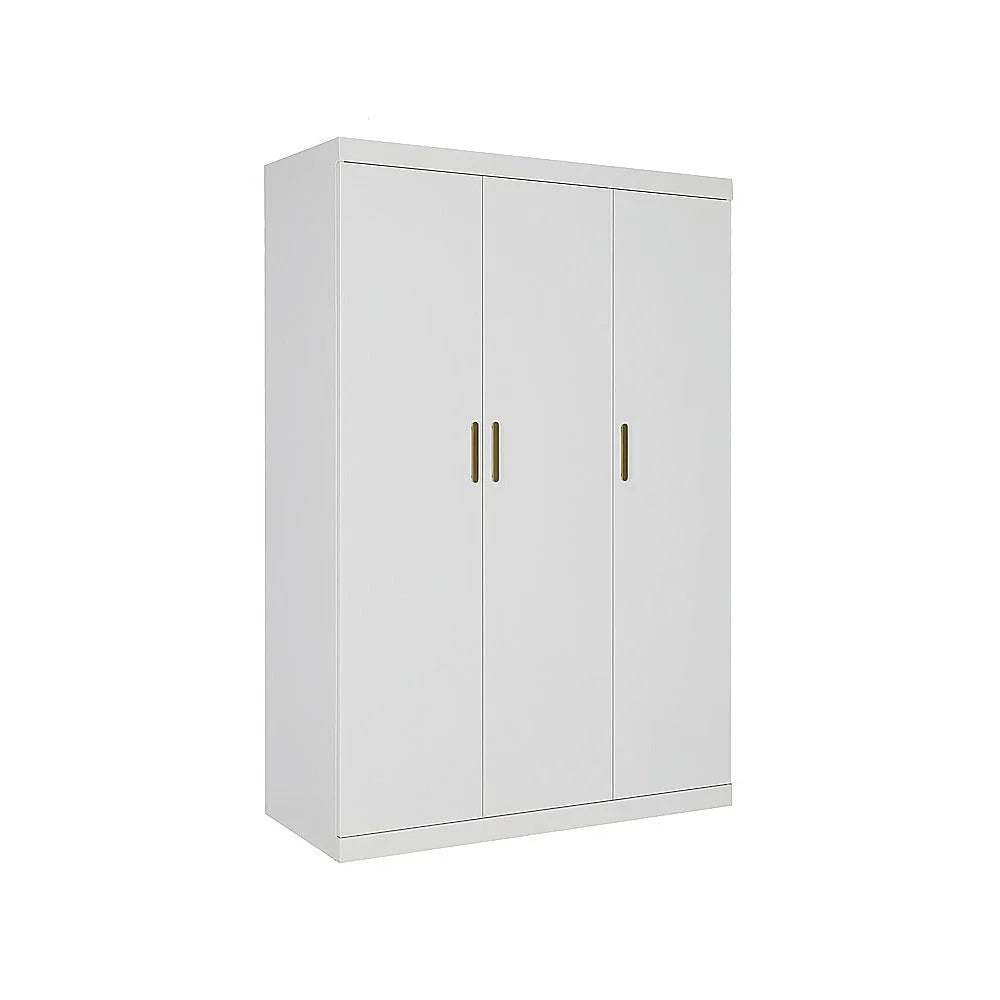 3 Door White Gloss Wardrobe – Gold Handles Hanging Rail &