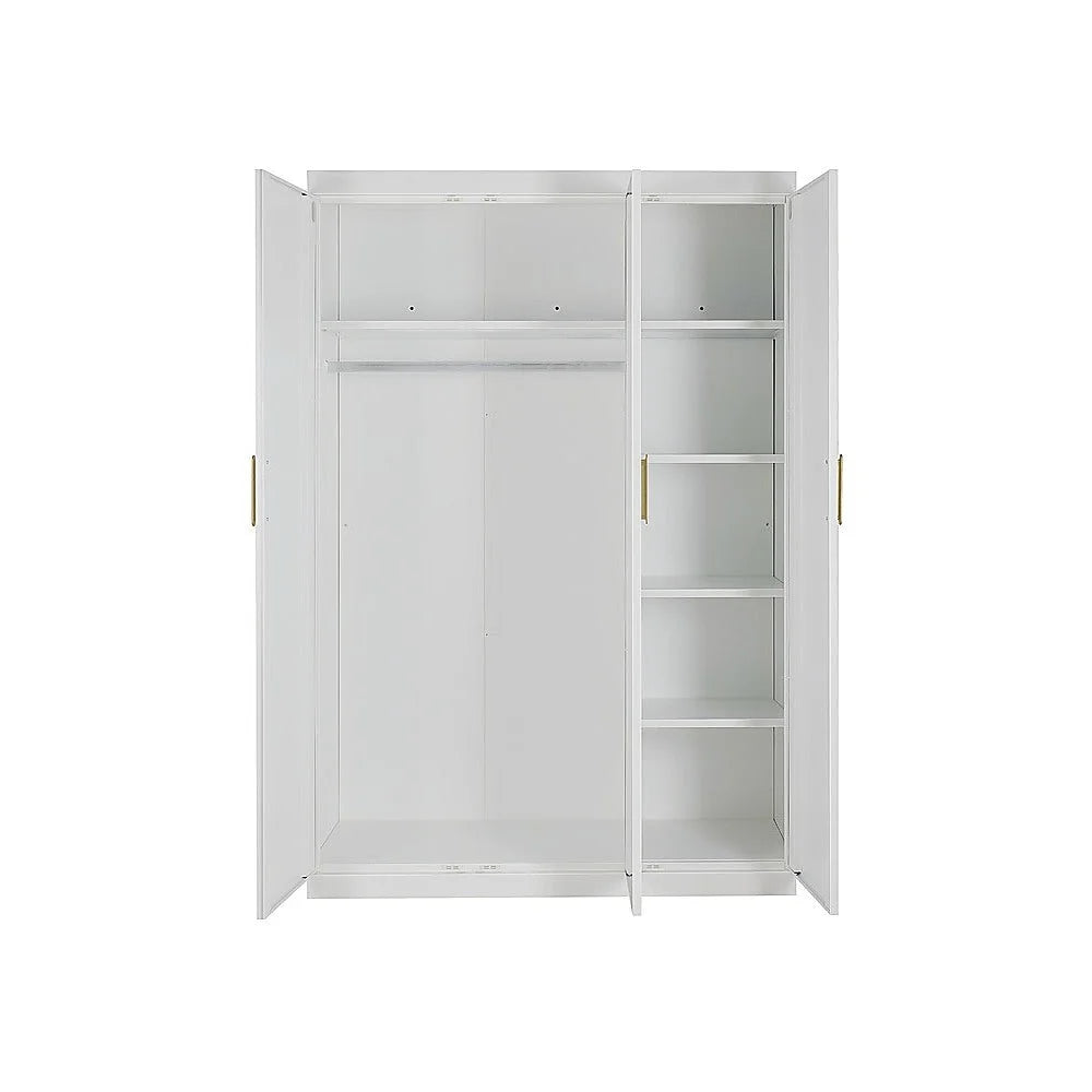 3 Door White Gloss Wardrobe – Gold Handles Hanging Rail &
