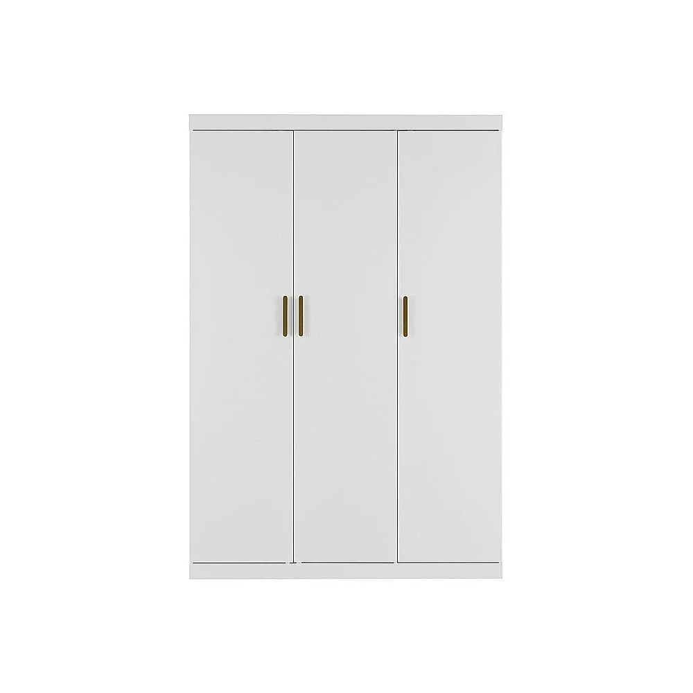 3 Door White Gloss Wardrobe – Gold Handles Hanging Rail &
