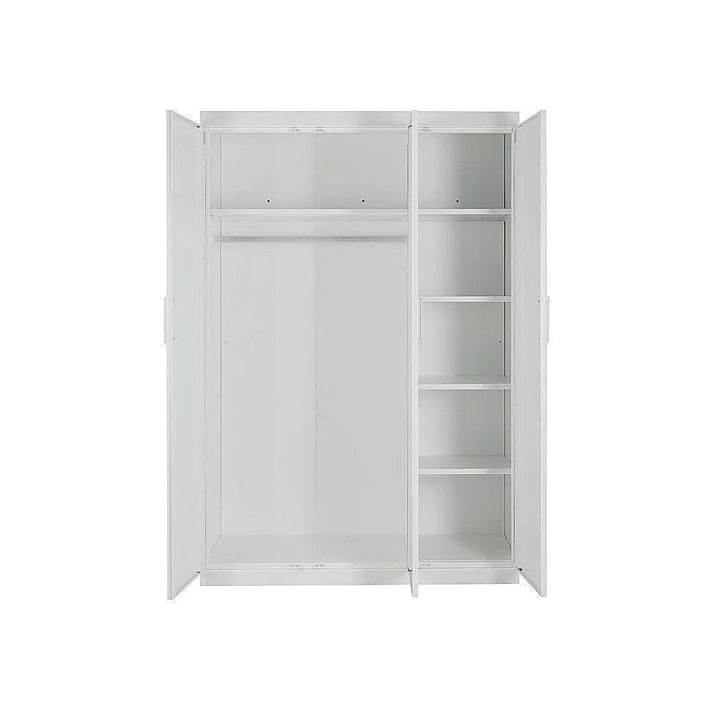 3 Door White Gloss Wardrobe – White Handles Hanging Rail &